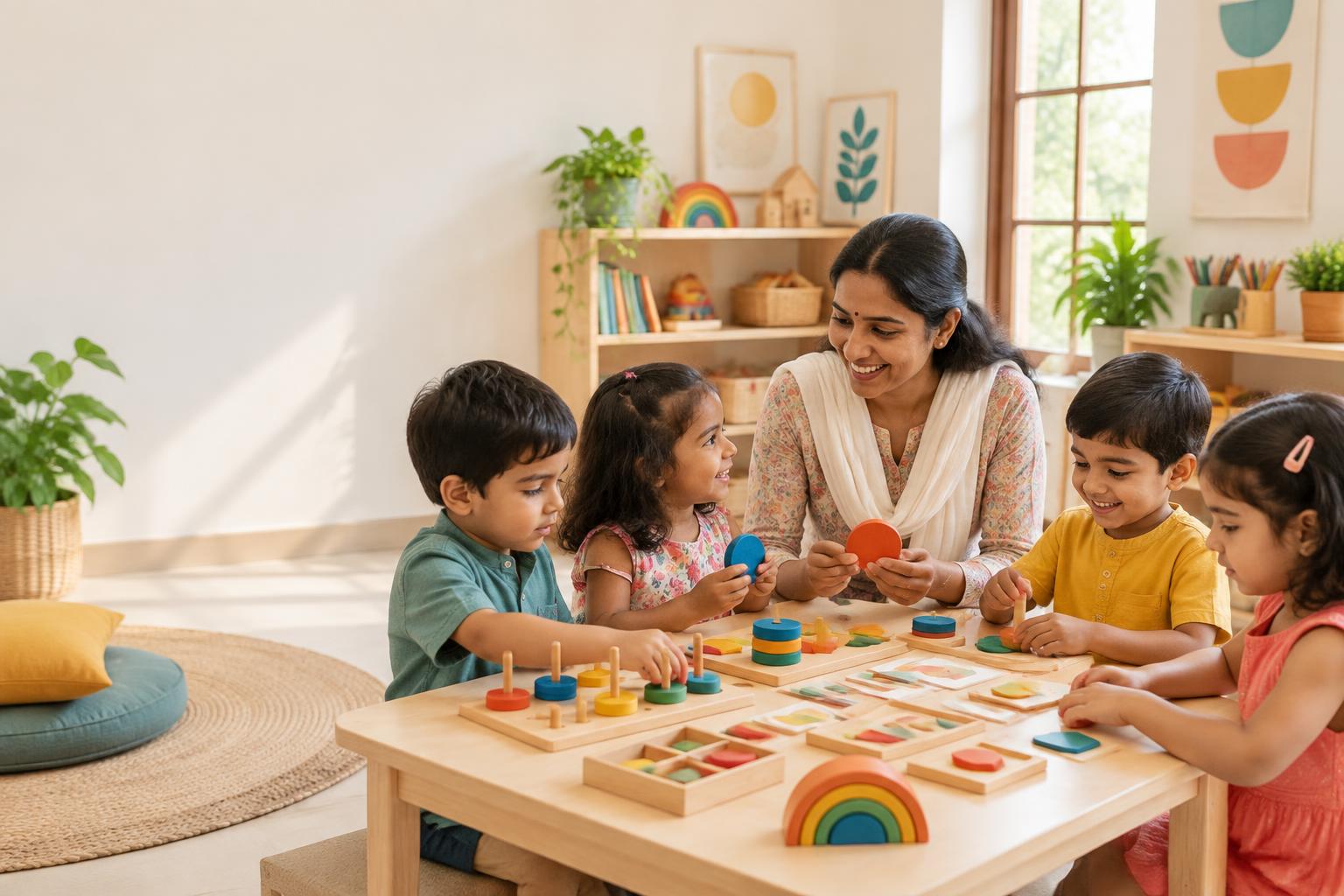 Teacher guiding children through a hands-on learning activity